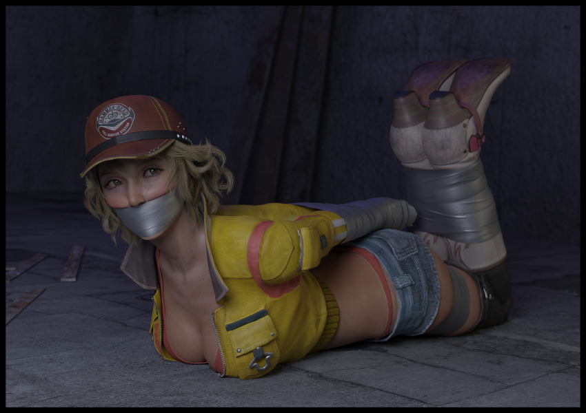 1girl, 3d, ass, bdsm, bikini, bikini_under_clothes, blonde_hair, bondage, boots, bound, bound_ankles, bound_wrists, breasts, cidney_aurum, cleavage, denim, denim_shorts, final_fantasy, final_fantasy_xv, gag, gagged, green_eyes, hat, high_heel_boots, high_heels, highres, jacket, jakcet, looking_at_viewer, lord_kamski, open_clothes, open_jacket, short_shorts, shorts, square_enix, swimsuit