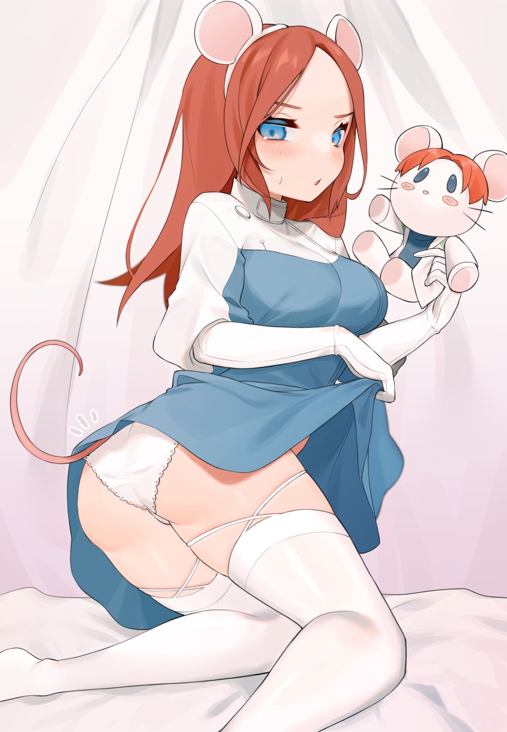 1girl, animal_ears, animification, apex_legends, ashleigh_reid, blue_dress, blue_eyes, blush, breasts, character_doll, clothes_lift, doll, dress, dress_lift, elbow_gloves, fake_animal_ears, gloves, highres, holding, holding_doll, looking_at_viewer, medium_breasts, mouse_ears, mouse_girl, mouse_tail, nagoooon_114, newton_somers, orange_hair, panties, skindentation, solo, tail, thighhighs, twisted_torso, underwear, white_gloves, white_panties, white_thighhighs