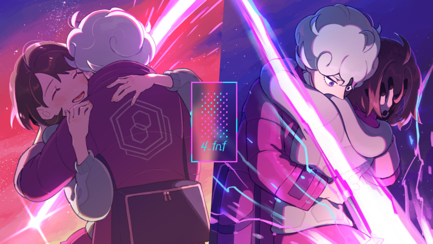 1boy, 1girl, 4_fnf, bag, bede_(pokemon), blush, cardigan, coat