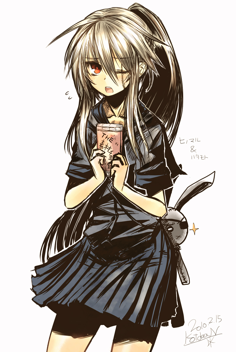 1girl, brown_hair, chocolate, eyepatch, female_focus, hatamoto_(kotoba), hinomaru_(kotoba), kotoba_noriaki