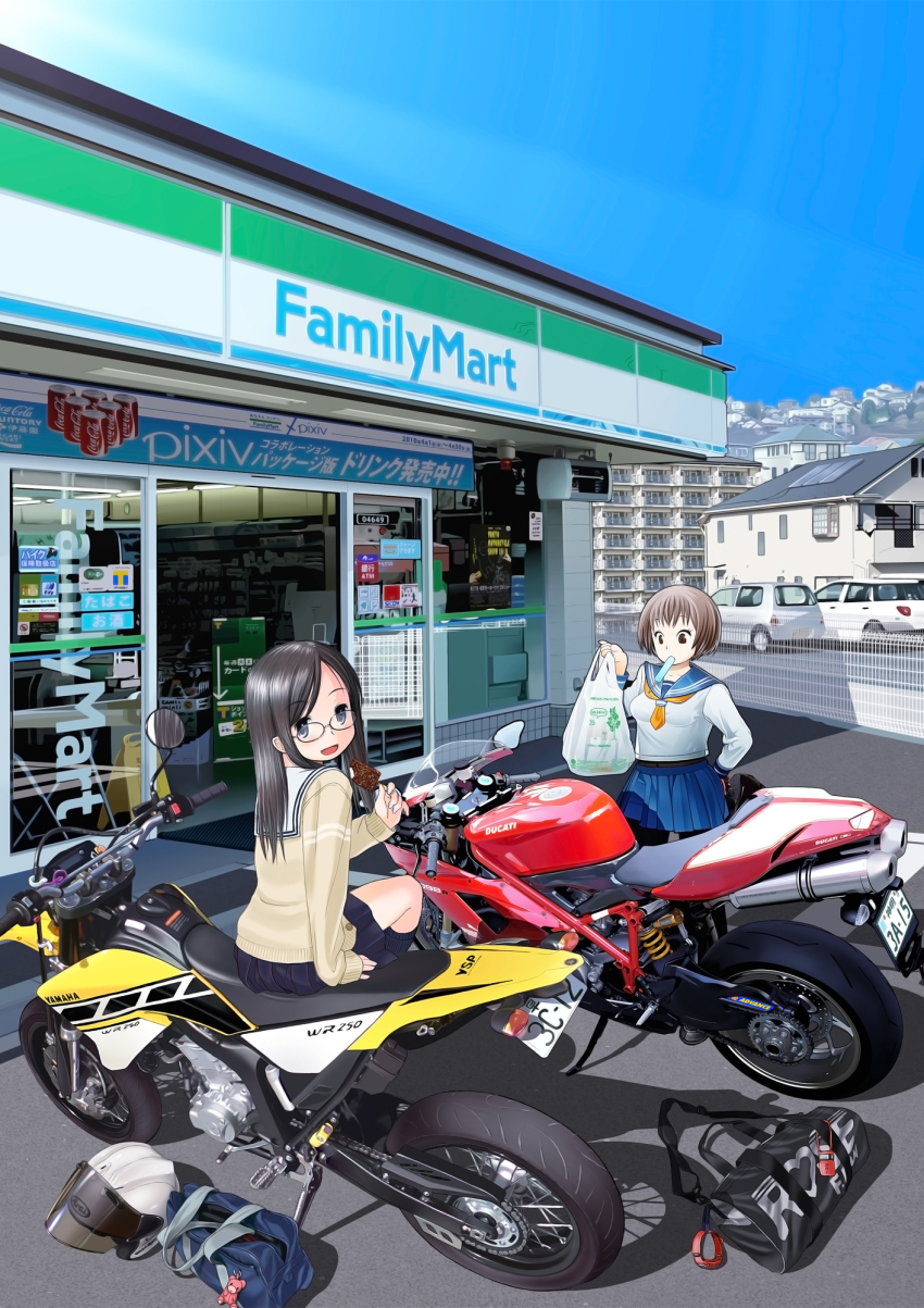 2girls, artist_collaboration, bad_id, bad_pixiv_id, bag, black_eyes, black_hair, brown_hair, coca-cola, convenience_store, ducati, ducati_1098, ducati_1098r, familymart, food, glasses, helmet, highres, ice_cream, kikukawa_norihiko, long_hair, motor_vehicle, motorcycle, mouth_hold, multiple_girls, original, pantyhose, pixiv, plastic_bag, popsicle, retsumaru, school_uniform, serafuku, shop, short_hair, skirt, sweater, vehicle, yamaha, yamaha_wr250