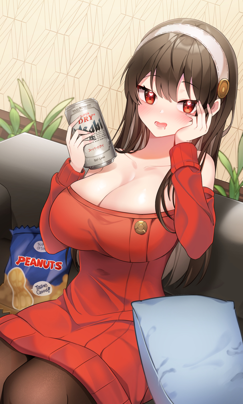 1girl, absurdres, alcohol, asahi_breweries, bare_shoulders, beer_can, black_pantyhose, blush
