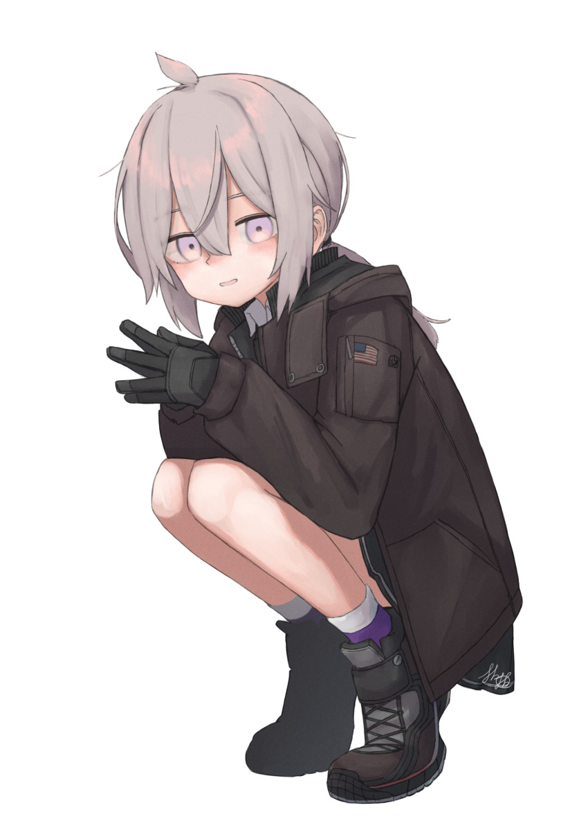 1girl, black_gloves, black_skirt, blush, brown_jacket, brown_shoes, collared_shirt, cowlick