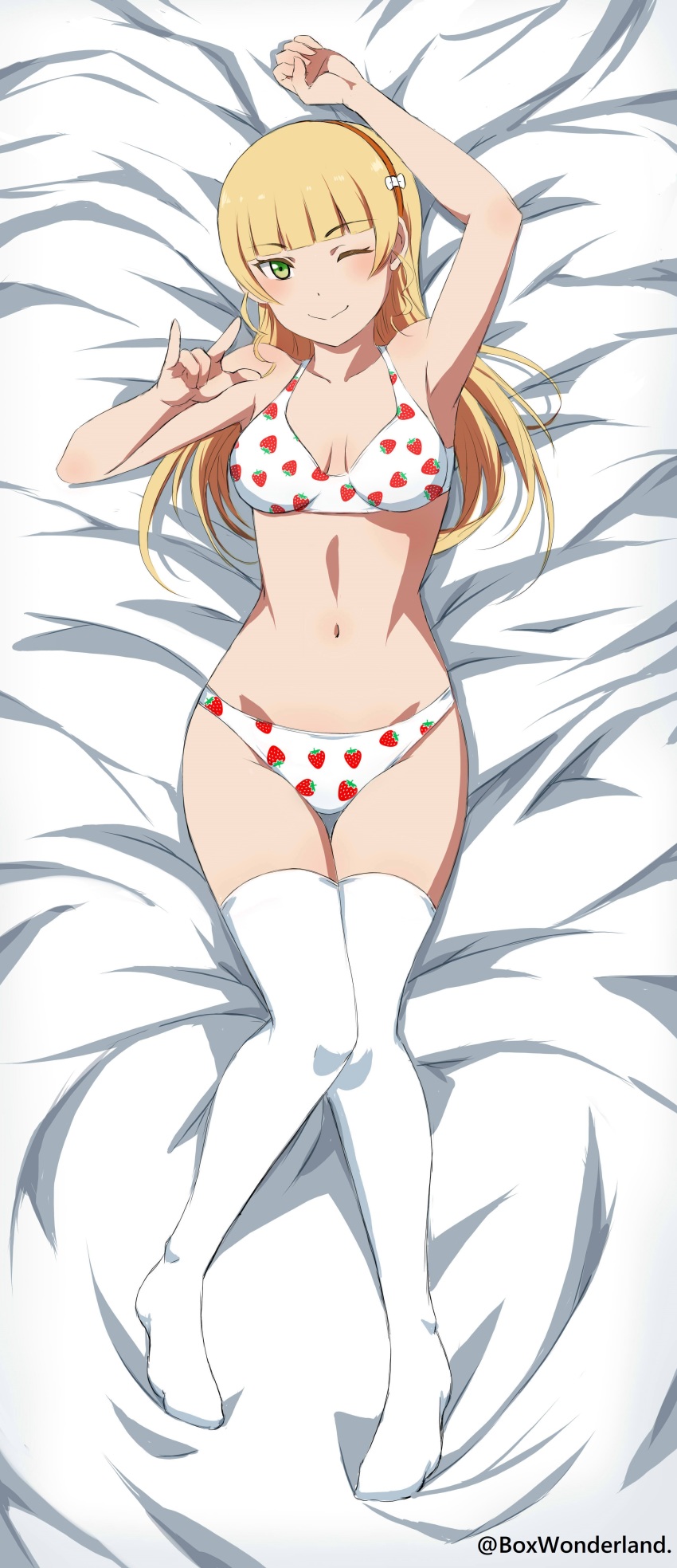 1girl, \n/, absurdres, arm_up, bed_sheet, blonde_hair, blunt_bangs, box_wonderland