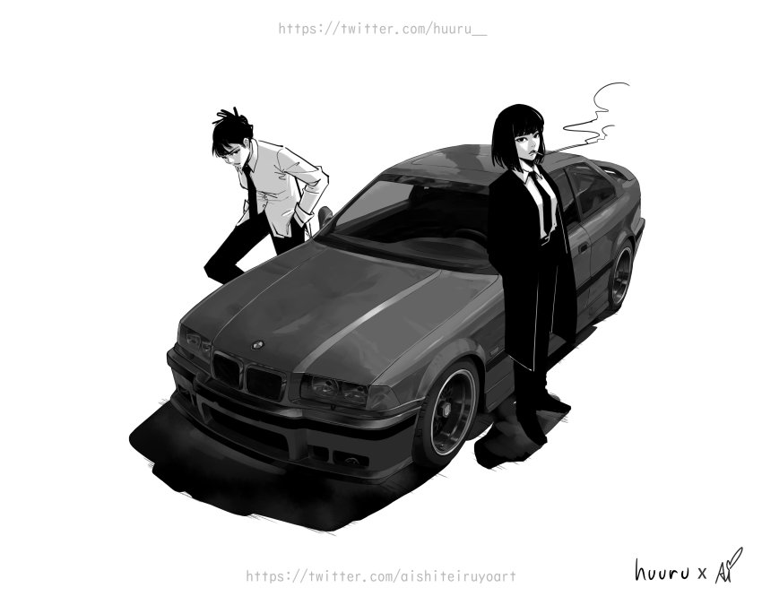 2girls, absurdres, aishiteiruyo, artist_collaboration, bmw_3_series, bmw_e36, bmw_e36_m3, bmw_m3