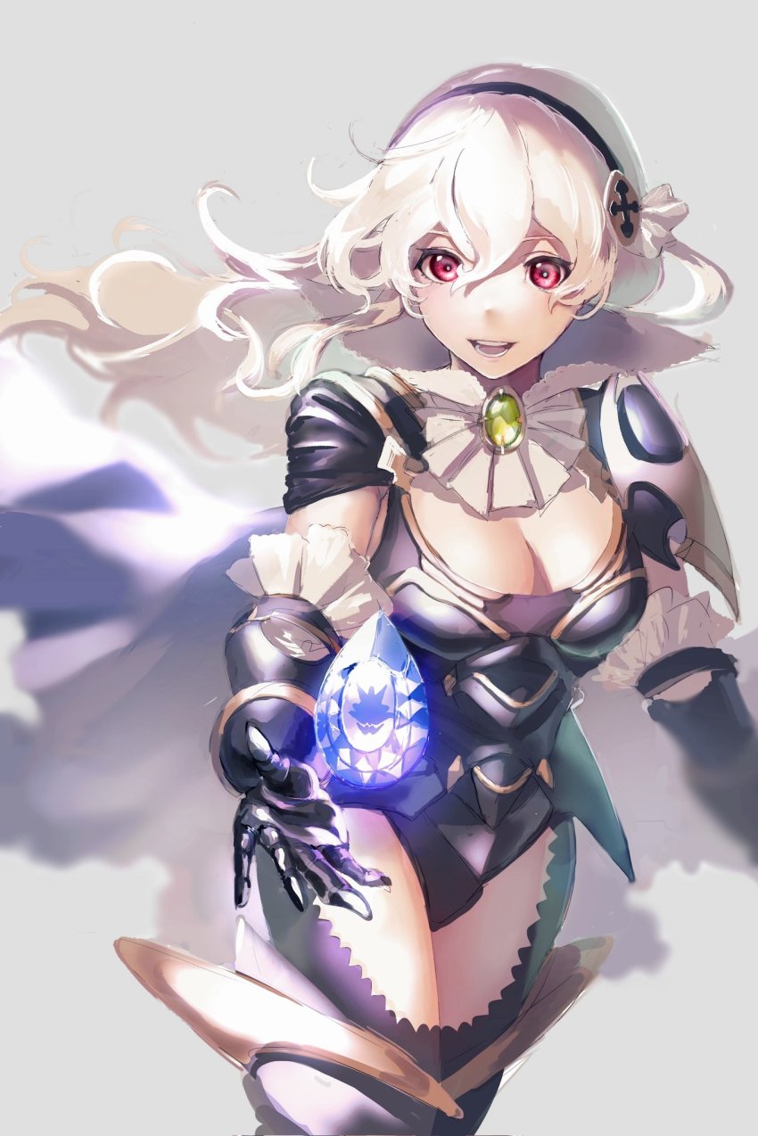 1girl, alternate_costume, armor, black_armor, breasts, brooch, cleavage, female_corrin_(fire_emblem)