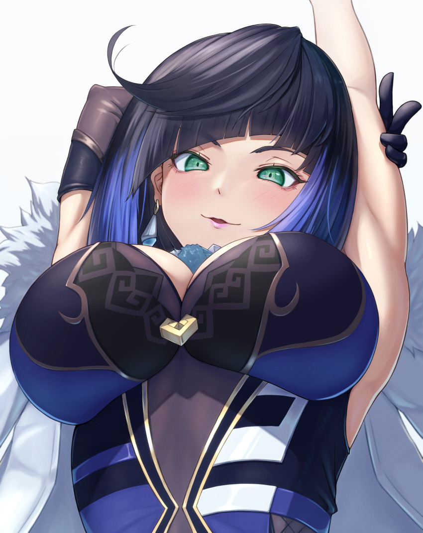1girl, arm_up, armpits, black_gloves, blue_dress, blue_hair, blunt_bangs, bob_cut