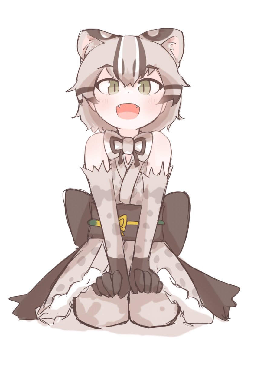 animal_ears, animal_print, back_bow, bare_shoulders, blush, bow, bowtie, brown_hair