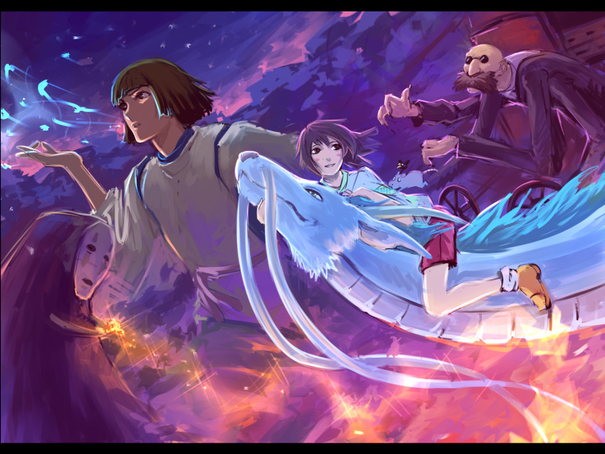 1girl, bald, bird, blush_stickers, bou_(sen_to_chihiro_no_kamikakushi), brown_hair, dragon, facial_hair