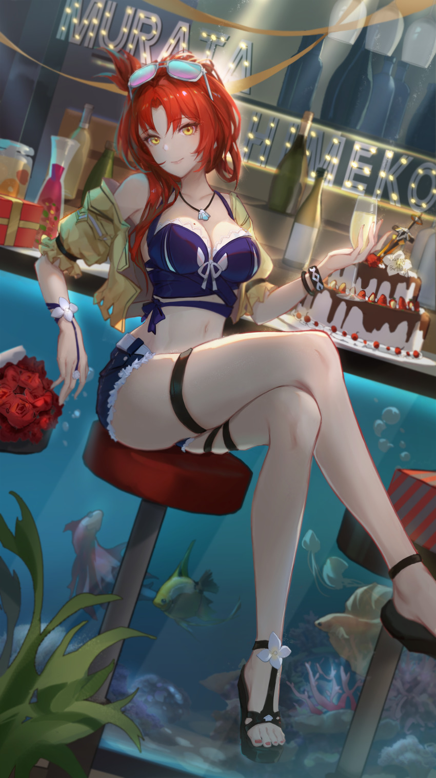 1girl, absurdres, alcohol, bar_stool, blue_shorts, bottle, breasts, cake