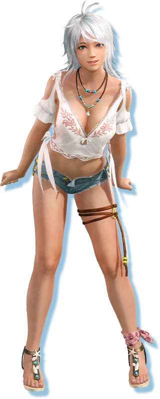 1girl, blue_eyes, breasts, cleavage, crop_top, dead_or_alive, dead_or_alive_xtreme, dead_or_alive_xtreme_venus_vacation, denim, denim_shorts, jewelry, legs, looking_at_viewer, medium_breasts, midriff, navel, necklace, official_art, open_fly, patty_(doa), sandals, short_shorts, shorts, smile, tecmo, thighs, unbuttoned, white_hair