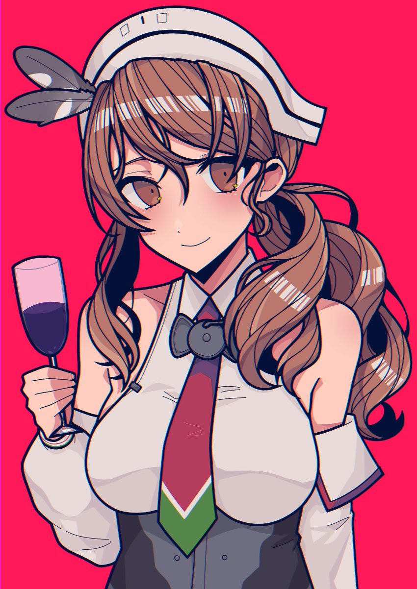 1girl, blush, breasts, brown_eyes, brown_hair, champagne_flute, cup, detached_sleeves