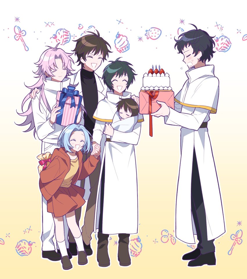 2girls, 4boys, abysscake, ahoge, antenna_hair, baby, belt, birthday_cake