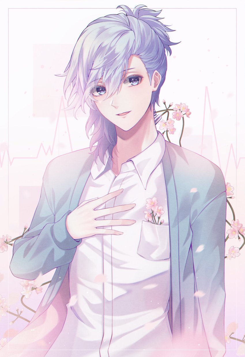 1boy, absurdres, android, asymmetrical_hair, blue_eyes, blue_hair, blue_jacket, cardiogram