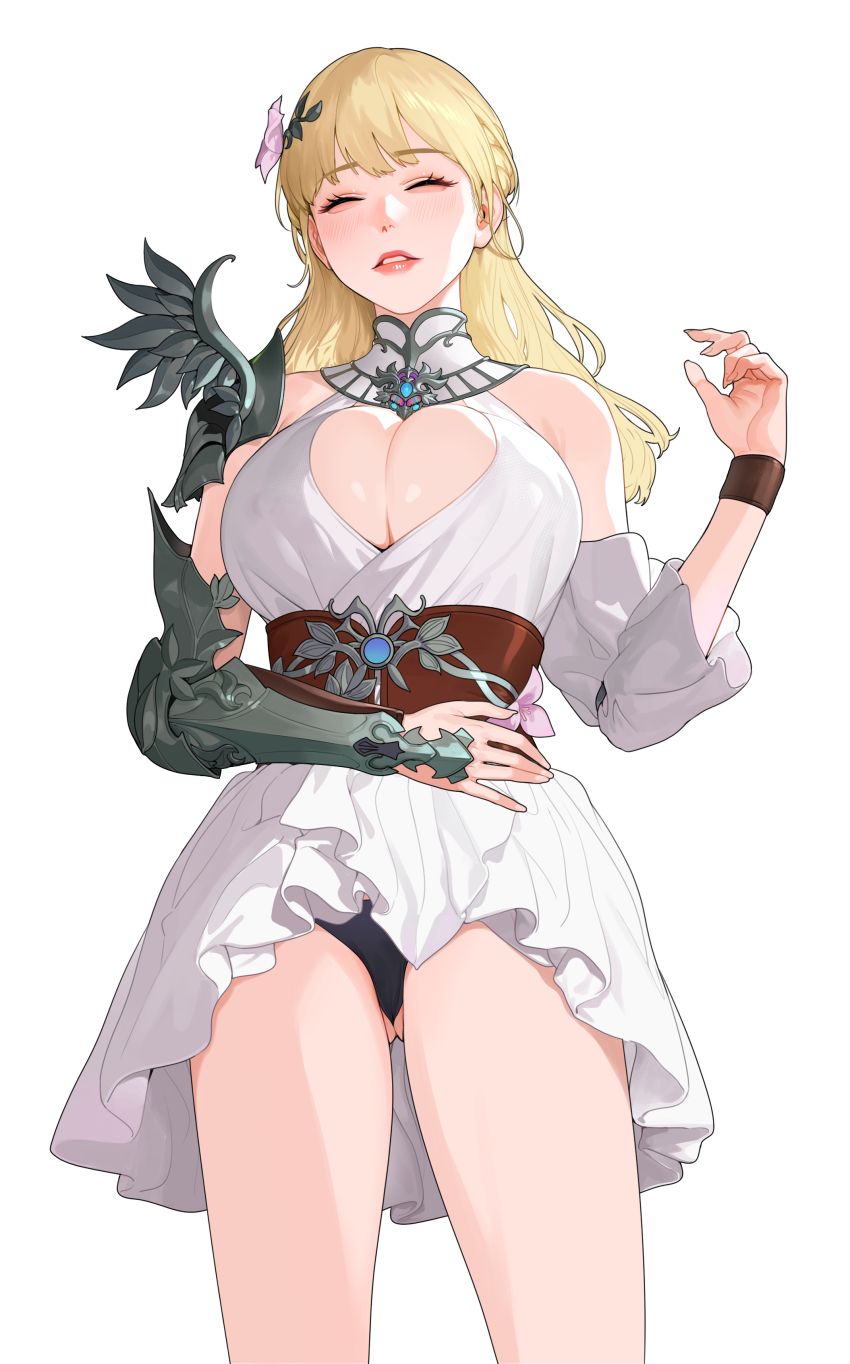 1girl, absurdres, armor, bare_shoulders, black_panties, blonde_hair, blush, cleavage_cutout, closed_eyes, clothing_cutout, cowboy_shot, detached_sleeves, dress, flower, gauntlets, gluteal_fold, hair_flower, hair_ornament, hand_up, highres, lips, long_hair, lost_ark, lying, nineveh_(lost_ark), on_back, panties, parted_lips, pauldrons, shoulder_armor, simple_background, single_gauntlet, single_pauldron, sleeping, sohn_woohyoung, solo, thighs, underwear, white_background, white_dress, wristband