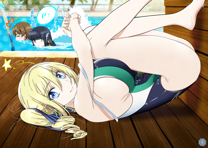 3girls, alternate_breast_size, angelina_kudou_shields, breasts, competition_swimsuit, highres, large_breasts, looking_at_viewer