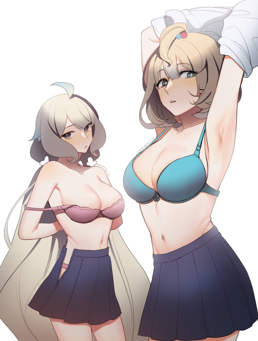 2girls, absurdly_long_hair, absurdres, ahoge, alternate_breast_size_(larger), bell, blonde_hair, blue_bra, blue_hair, blue_skirt, blush, bob_cut, bow, bra, breasts, dress_shirt, enna_alouette, flower, green_eyes, hair_flower, hair_ornament, hairclip, highres, jingle_bell, large_breasts, long_hair, looking_at_viewer, low_twintails, millie_parfait, multicolored_hair, multiple_girls, navel, nijisanji, nijisanji_en, nrnmarie, panties, pink_bra, pink_panties, purple_bow, purple_eyes, school_uniform, shirt, short_hair, signature, skirt, twintails, underwear, undressing, very_long_hair, virtual_youtuber, white_background, white_flower, white_shirt