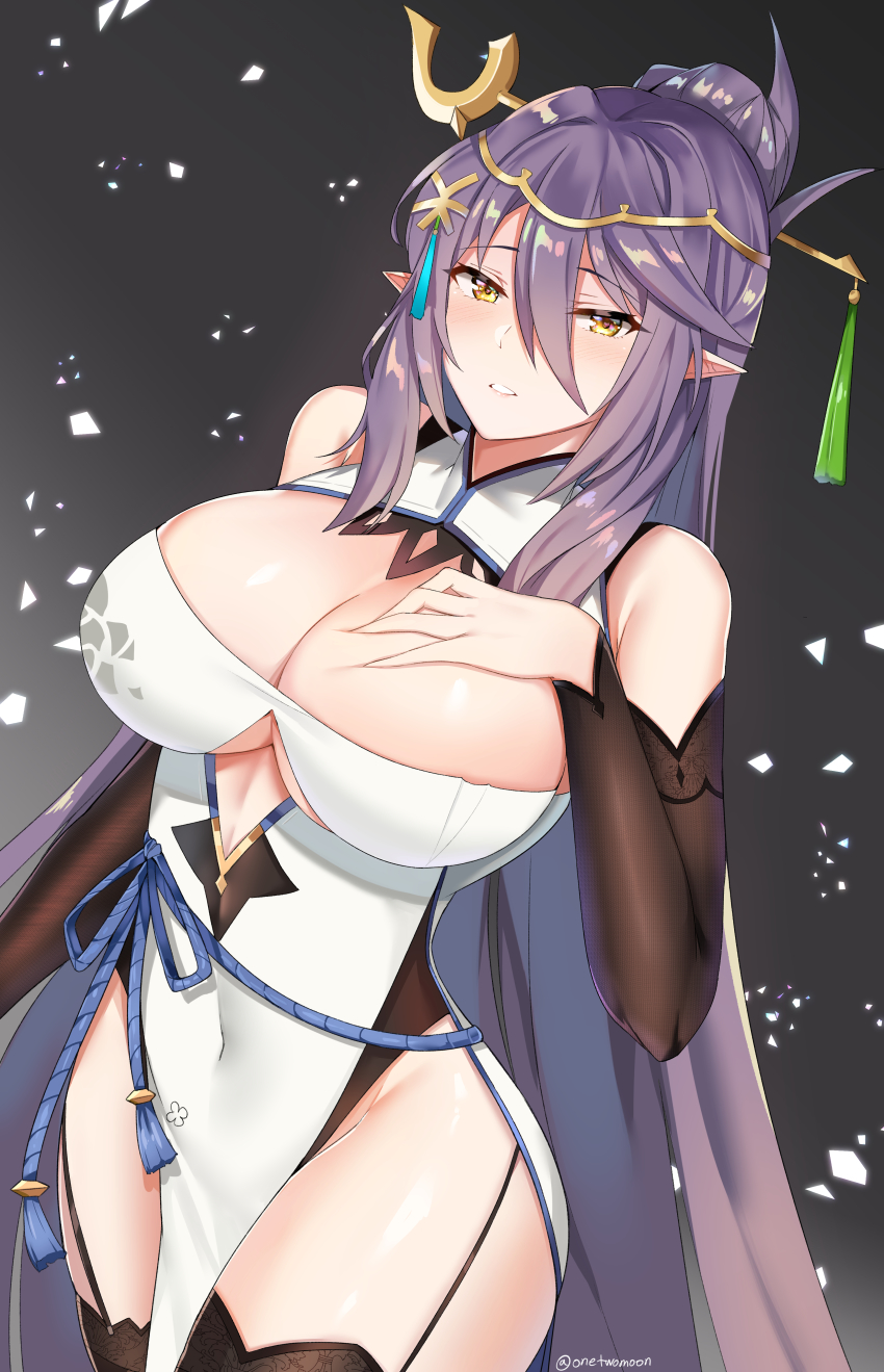 1girl, absurdres, aria_(epic_seven), arm_warmers, bare_shoulders, breasts, brown_thighhighs, china_dress