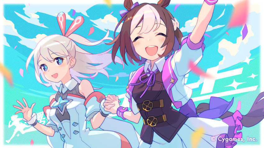 +_+, 2girls, animal_ears, blush, breasts, brown_hair, closed_eyes, collarbone