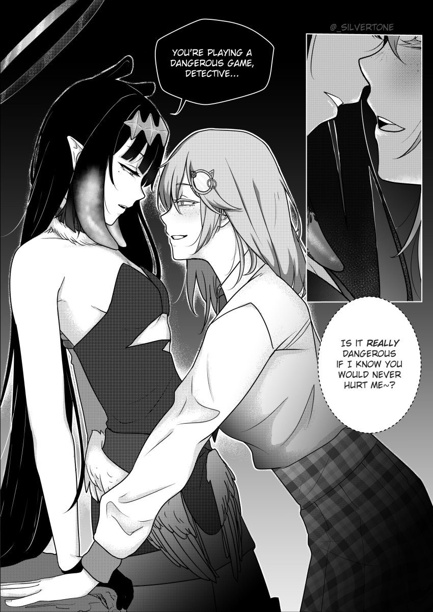 2girls, absurdres, blush, english_text, freckles, fur-trimmed_collar, fur_trim, gloves