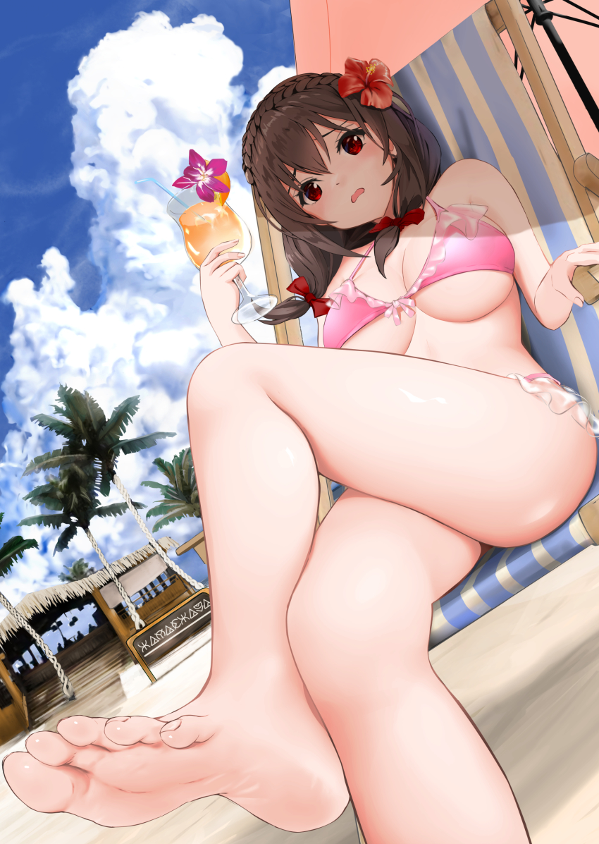1girl, absurdres, barefoot, beach_chair, beach_umbrella, bikini, blue_sky, bow, breasts, brown_hair, cloud, cocktail, cocktail_glass, crossed_legs, cup, drinking_glass, feet, flower, flower_in_drink, furrowed_brow, gibun_(sozoshu), hair_flower, hair_ornament, highres, holding, holding_cup, kono_subarashii_sekai_ni_shukufuku_wo!, large_breasts, legs, long_hair, palm_tree, parted_lips, pink_bikini, red_bow, red_eyes, red_flower, sitting, sky, soles, solo, swimsuit, thighs, tree, umbrella, underboob, yunyun_(konosuba)