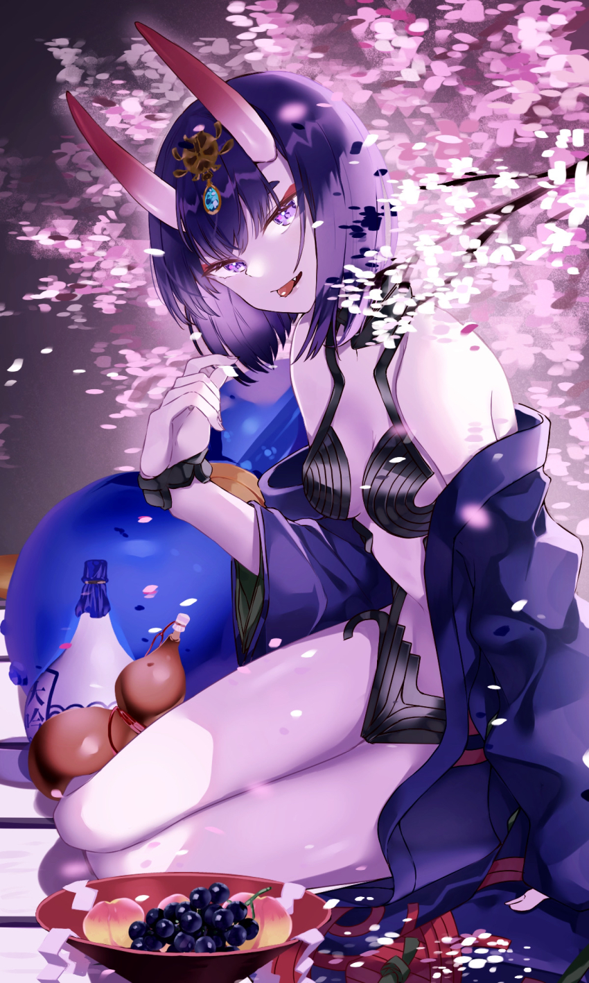 1girl, bare_shoulders, bob_cut, breasts, collarbone, eyeliner, fate/grand_order, fate_(series), headpiece, highres, horns, japanese_clothes, kimono, long_sleeves, looking_at_viewer, makeup, off_shoulder, oni, open_mouth, purple_eyes, purple_hair, purple_kimono, revealing_clothes, shong, short_hair, shuten_douji_(fate), skin-covered_horns, small_breasts, smile, solo, wide_sleeves