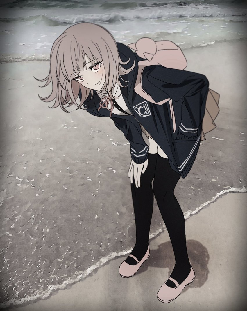 1girl, backpack, bag, beach, bent_over, black_jacket, black_shirt, brown_hair