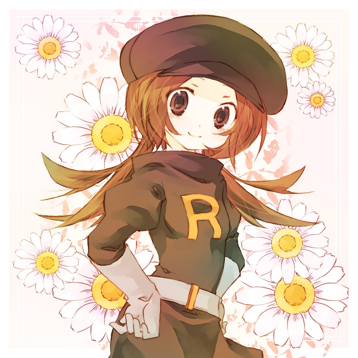 1girl, amamiya_kabosu, bad_id, bad_pixiv_id, blush, brown_hair, clothes_writing, cosplay, female_focus, flower, hat, lyra_(pokemon), nintendo, pokemon, pokemon_heartgold_and_soulsilver, solo, team_rocket, team_rocket_(cosplay), team_rocket_uniform