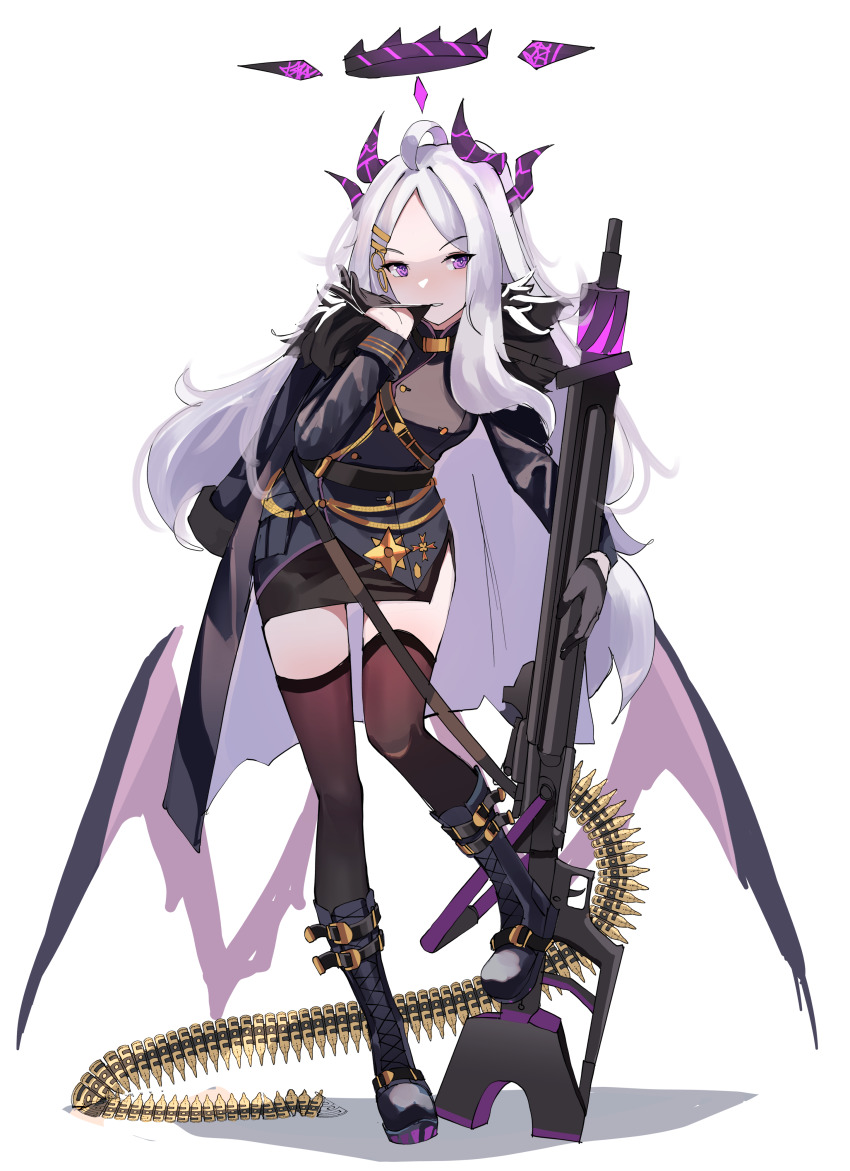 1girl, absurdres, adjusting_clothes, adjusting_gloves, ahoge, belt, black_boots, black_gloves, black_skirt, black_thighhighs, blue_archive, boots, bullet, bullet_line, coat, coat_on_shoulders, commentary_request, demon_girl, demon_horns, demon_wings, eyes_visible_through_hair, forehead, full_body, fur-trimmed_coat, fur_trim, gar32, gloves, gun, hair_ornament, hairclip, halo, highres, hina_(blue_archive), holding, holding_gun, holding_weapon, horns, knee_boots, long_hair, long_sleeves, looking_at_viewer, machine_gun, mg42, military, military_uniform, mouth_hold, parted_bangs, pencil_skirt, purple_eyes, side_slit, sidelocks, simple_background, skirt, solo, standing, standing_on_one_leg, thighhighs, weapon, white_background, white_hair, wings, zettai_ryouiki