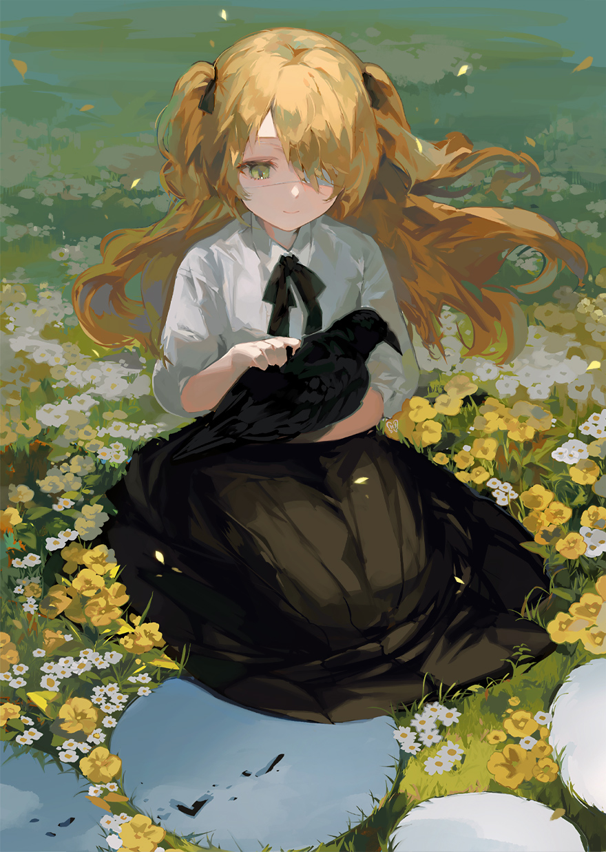 1girl, animal, bird, black_ribbon, black_skirt, blonde_hair, closed_mouth, commentary_request