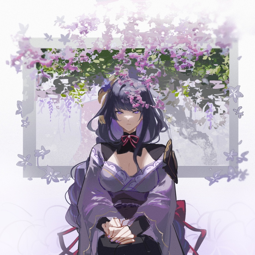 1girl, braid, cleavage_cutout, clothing_cutout, expressionless, feet_out_of_frame, flower, genshin_impact