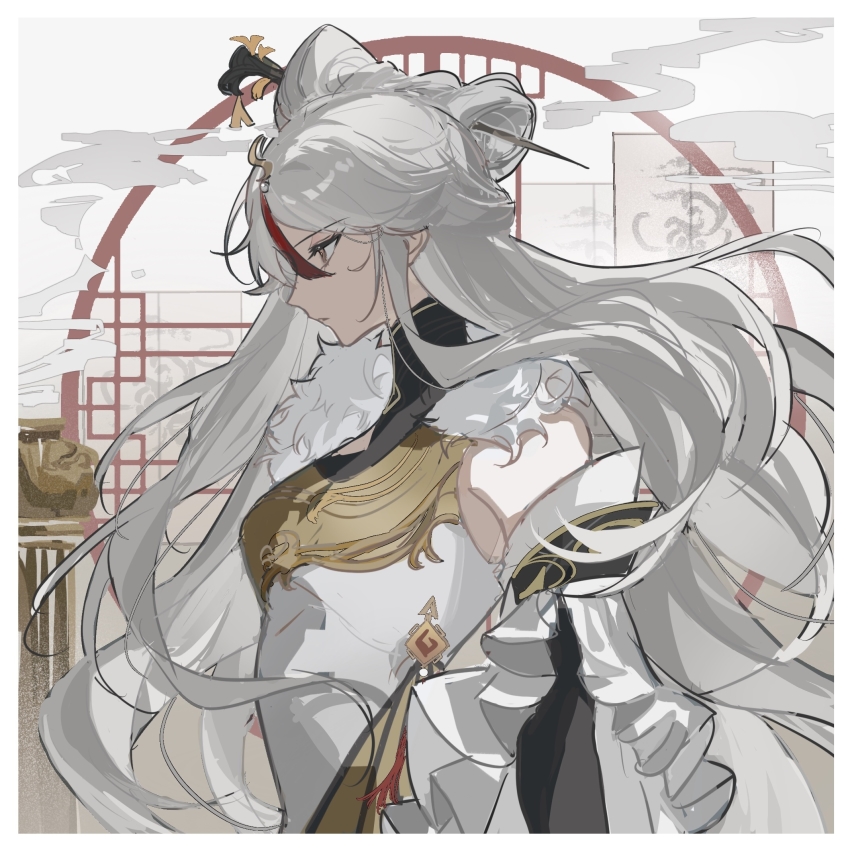 1girl, bare_shoulders, border, detached_sleeves, expressionless, floating_hair, from_side, fur_trim