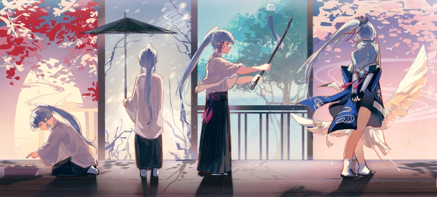 4girls, absurdres, arms_behind_back, ayaka_(genshin_impact), bird, black_gloves, black_skirt, blue_eyes