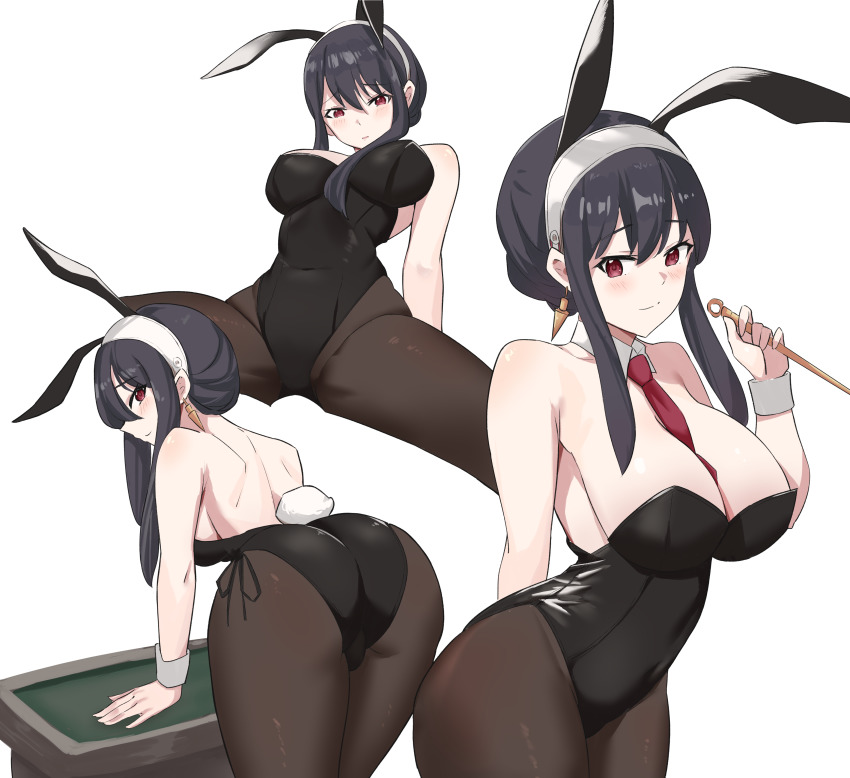 absurdres, animal_ears, arched_back, arm_behind_back, ass, back, backboob, backless_outfit, bare_shoulders, bent_over, between_breasts, black_hair, black_leotard, blush, boyin, breasts, breasts_apart, cleavage, closed_mouth, collarbone, covered_navel, cropped_legs, dagger, detached_collar, earrings, fake_animal_ears, from_behind, gold_earrings, hair_between_eyes, hairband, highleg, highleg_leotard, highres, holding, holding_dagger, holding_knife, holding_weapon, jewelry, knife, large_breasts, leaning_back, leotard, looking_at_viewer, looking_back, multiple_views, nape, necktie, necktie_between_breasts, pantyhose, playboy_bunny, profile, projected_inset, rabbit_ears, rabbit_tail, red_hair, red_necktie, short_hair_with_long_locks, shoulder_blades, sitting, smile, spread_legs, spy_x_family, stiletto_(weapon), strapless, strapless_leotard, tail, weapon, wrist_cuffs, yor_briar