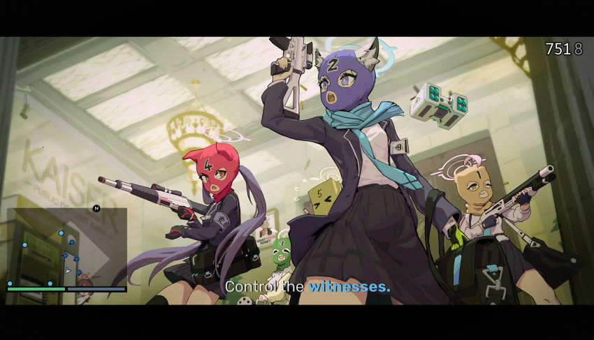5girls, assault_rifle, bag, balaclava, bank, beretta_ar70/90, blue_archive, crossover