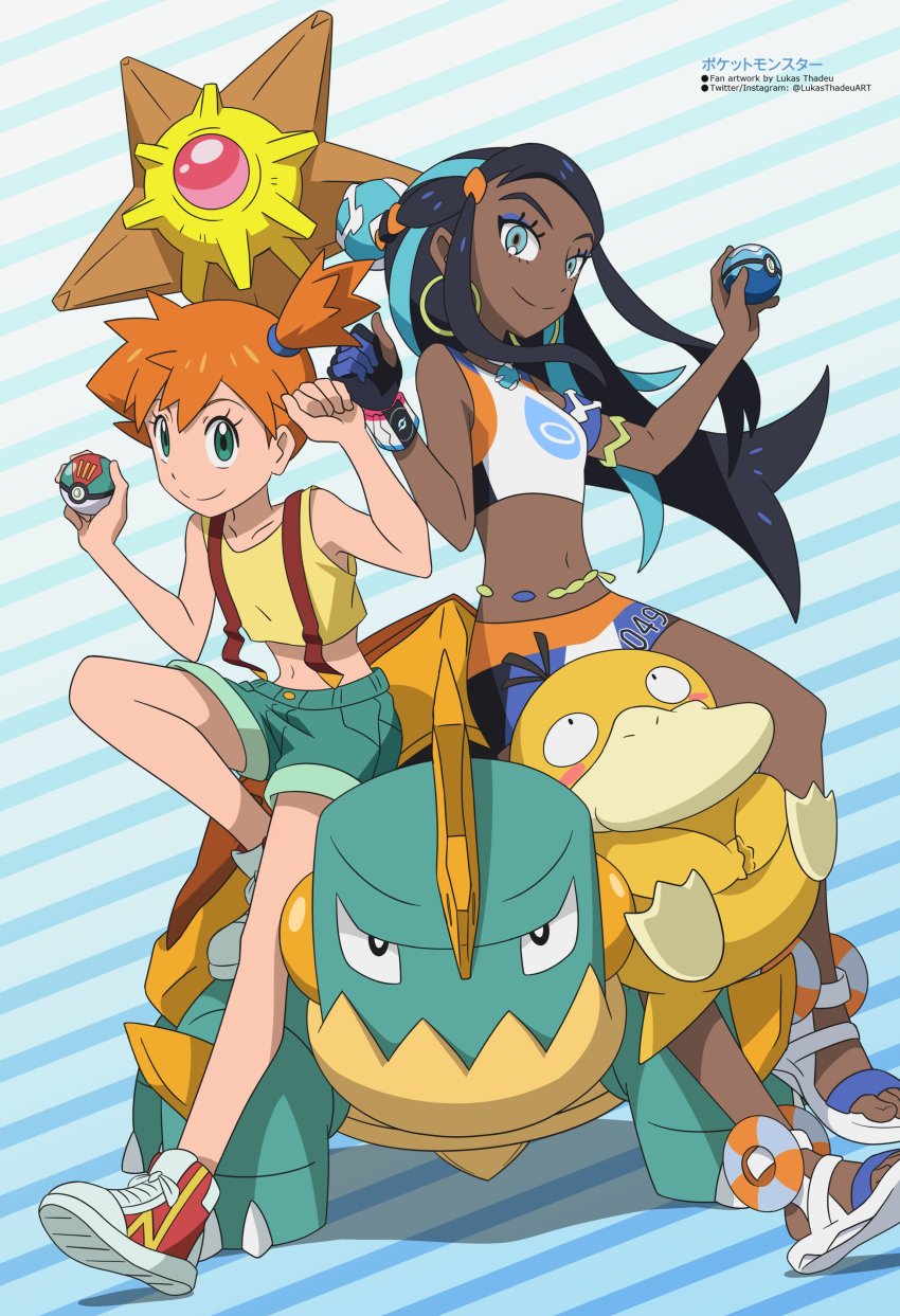 2girls, absurdres, asymmetrical_hair, black_hair, blue_eyes, blue_hair, bubble, dark_skin