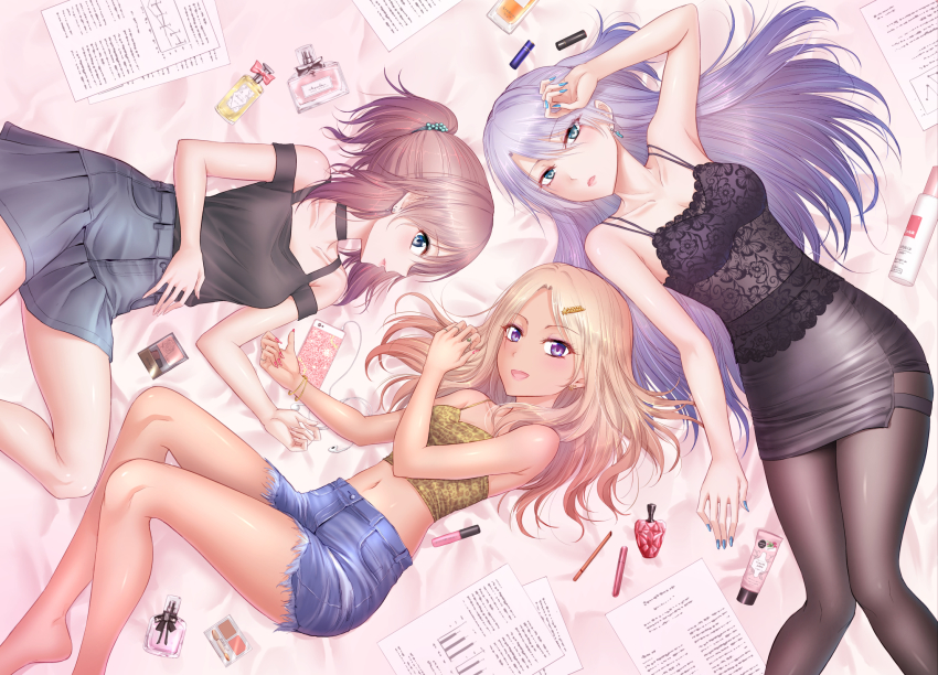 3girls, animal_print, bare_legs, bed_sheet, black_camisole, black_choker, black_legwear, blonde_hair