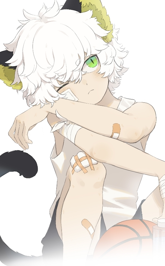 1boy, animal_ears, bandaid, cat_boy, cat_ears, cat_tail, facing_viewer, green_eyes, looking_to_the_side, luo_xiaohei, luo_xiaohei_(human), luo_xiaohei_zhanji, luye_yuan, male_focus, one_eye_closed, short_hair, simple_background, solo, tail, tank_top, white_hair