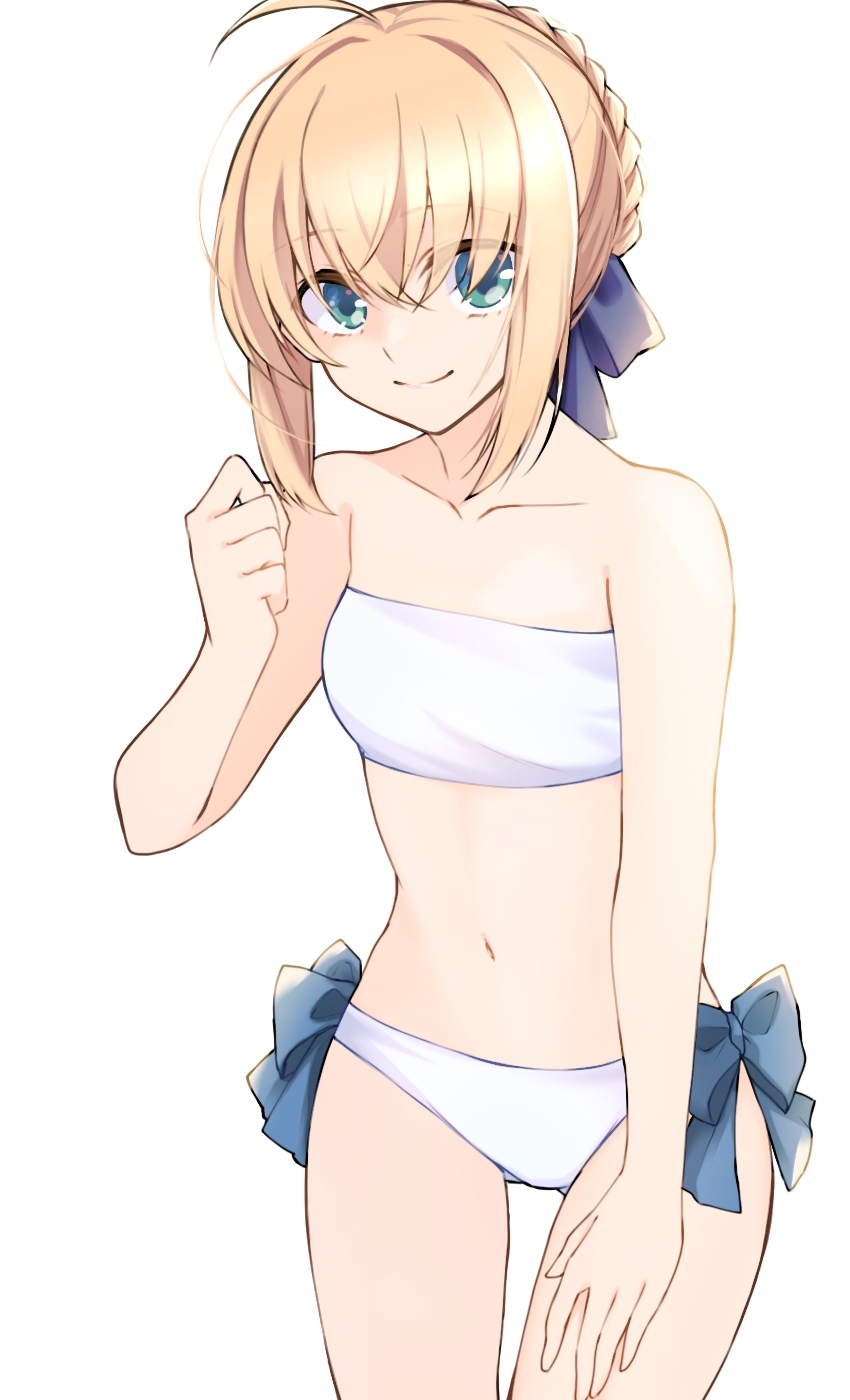 1girl, ahoge, artoria_pendragon_(fate), bandeau, bare_arms, bare_shoulders, bikini, blonde_hair