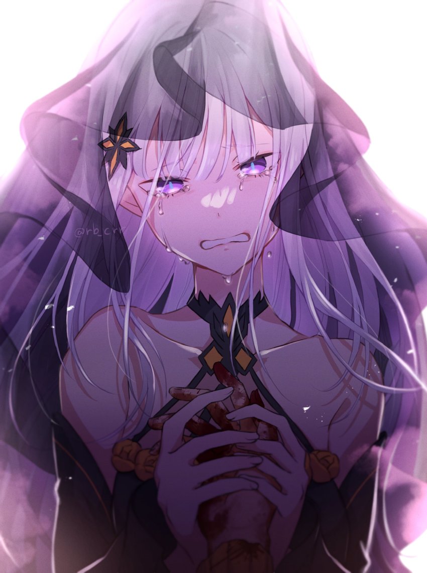 1boy, 1girl, absurdres, bare_shoulders, black_dress, black_veil, blood, blood_on_hands