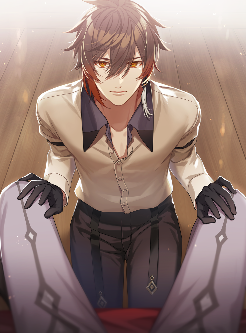 2boys, ahoge, alternate_costume, black_gloves, blue_eyes, brown_hair, brown_pants, brown_shirt