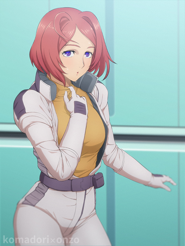 1girl, :o, artist_name, belt, breasts, commentary, gundam, gundam_u.c._engage, looking_at_viewer, medium_breasts, open_clothes, orange_hair, peche_montagne, pilot_suit, purple_eyes, short_hair, sidelocks, solo, sweat, upper_body