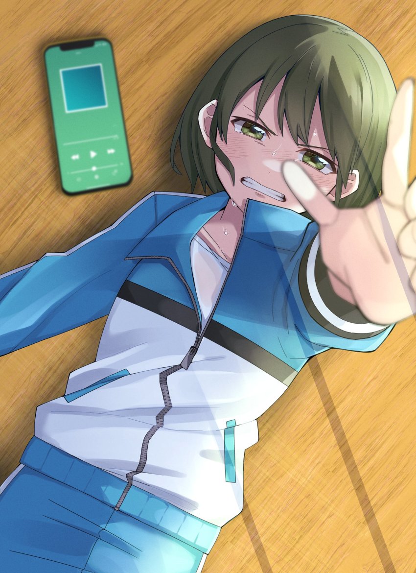 1girl, bad_id, bad_twitter_id, blue_jacket, blue_pants, cellphone, clenched_teeth, commentary_request