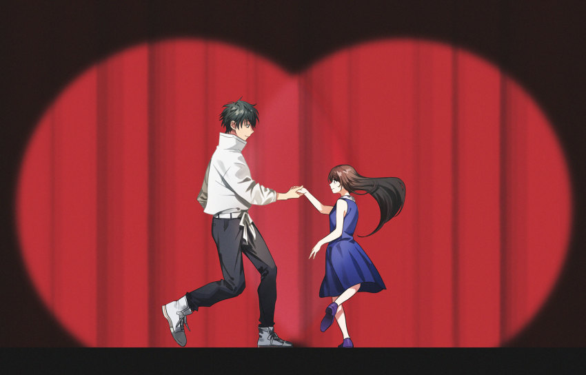 1boy, 1girl, black_hair, blue_dress, brown_hair, dancing, dress, height_difference