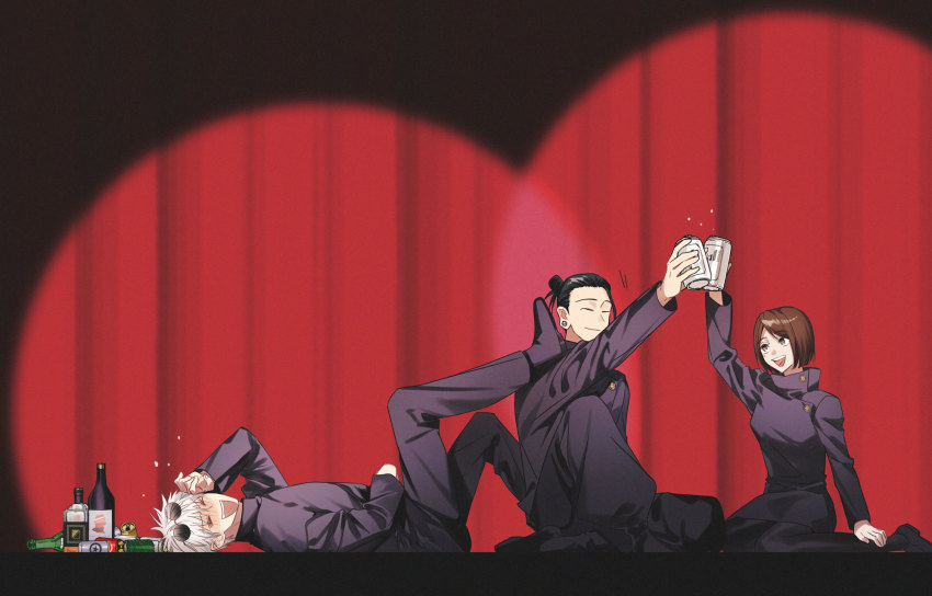 1girl, 2boys, alcohol, beer, black_hair, bottle, brown_eyes, brown_hair