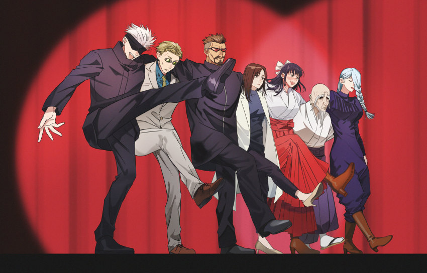 3girls, 4boys, bald, beard, blindfold, blonde_hair, brown_hair, closed_eyes, covered_eyes, facial_hair, forehead, gakuganji_yoshinobu, gojo_satoru, highres, ieiri_shoko, iori_utahime, jujutsu_kaisen, kekkai_sensen, lips, mei_mei_(jujutsu_kaisen), multiple_boys, multiple_girls, nanami_kento, old, old_man, s_o_i, scar, scar_on_face, sugar_song_and_bitter_step, sunglasses, white_hair, yaga_masamichi