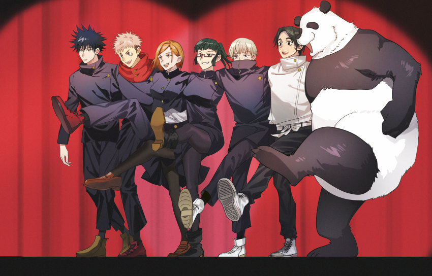 1other, 2girls, 4boys, black_eyes, black_hair, forehead, fushiguro_megumi, glasses, green_hair, highres, inumaki_toge, itadori_yuji, jujutsu_kaisen, jujutsu_tech_uniform, kekkai_sensen, kugisaki_nobara, multiple_boys, multiple_girls, okkotsu_yuta, orange_eyes, orange_hair, panda, panda_(jujutsu_kaisen), pink_hair, s_o_i, sugar_song_and_bitter_step, white_footwear, white_hair, zen'in_maki