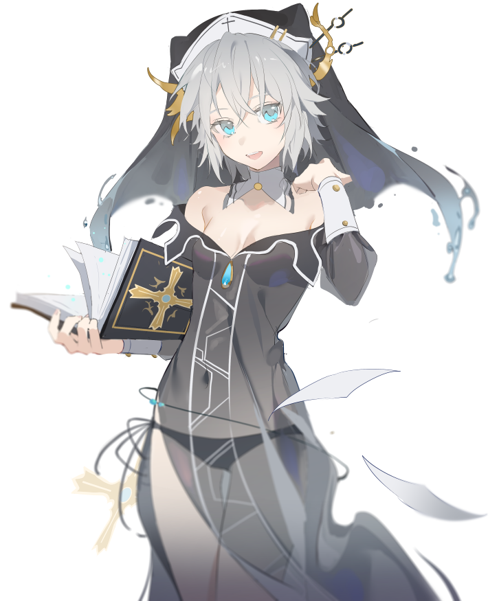 1girl, :d, black_headwear, black_panties, blue_eyes, breasts, cleavage, cowboy_shot