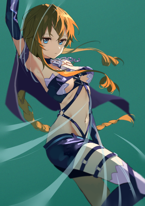 1girl, aqua_background, arm_up, armpits, blue_eyes, braid, braided_ponytail, breasts