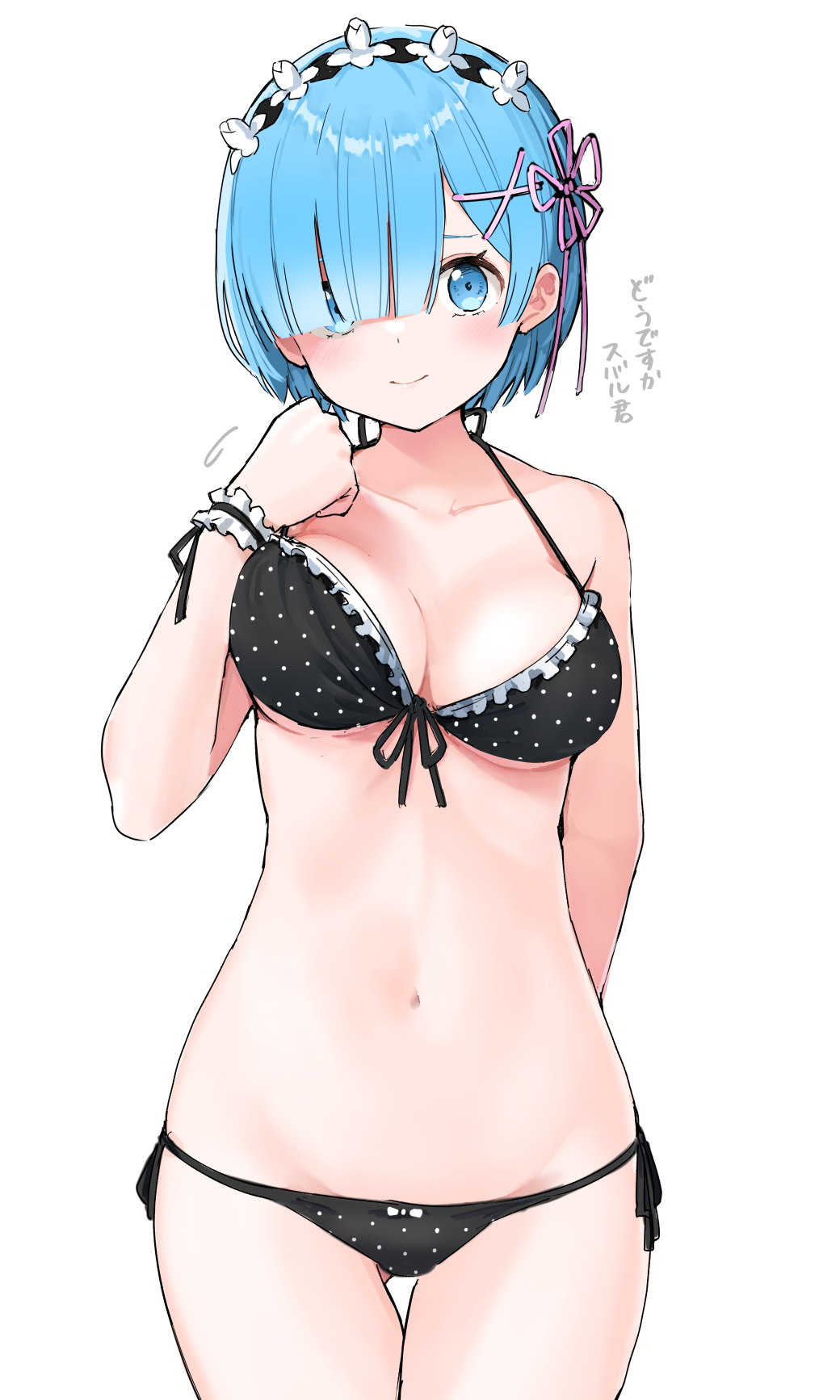 1girl, adjusting_clothes, adjusting_swimsuit, arm_behind_back, bikini, black_bikini, blue_eyes, blue_hair